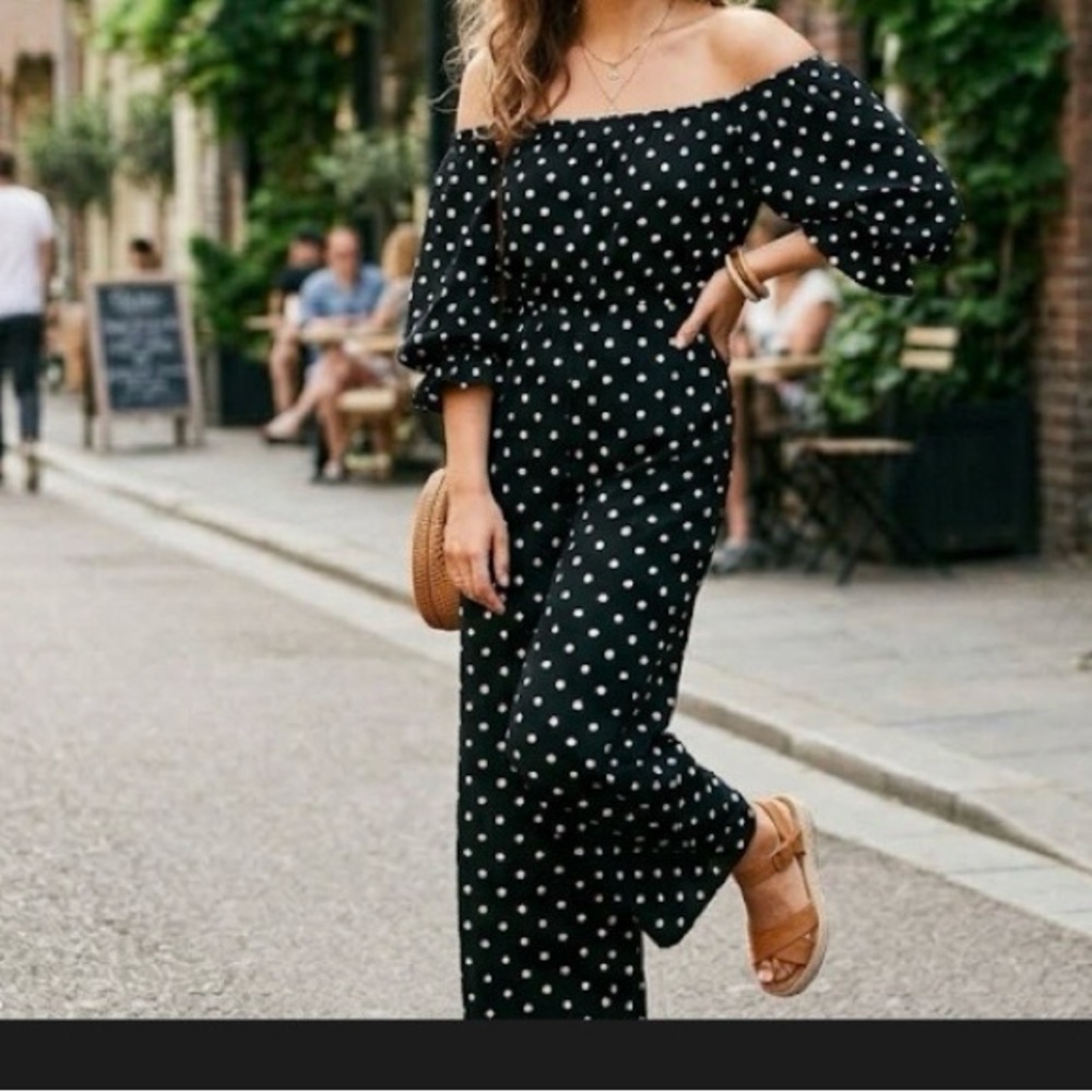 Polka Dot Off-Shoulder Wide-Leg Jumpsuit - Black/White